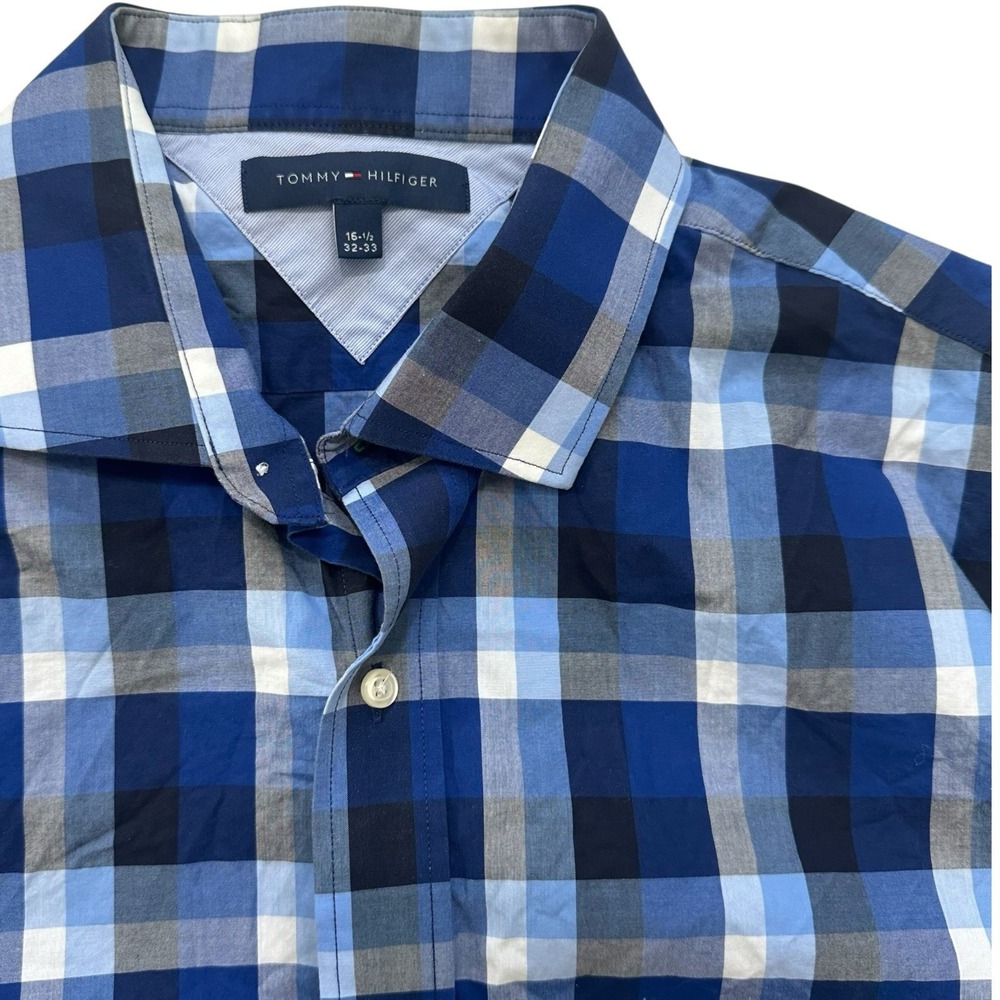 Tommy Hilfiger Men's Dress Shirt 16.5 32/33 Blue Plaid‎ Button Front Cotton
